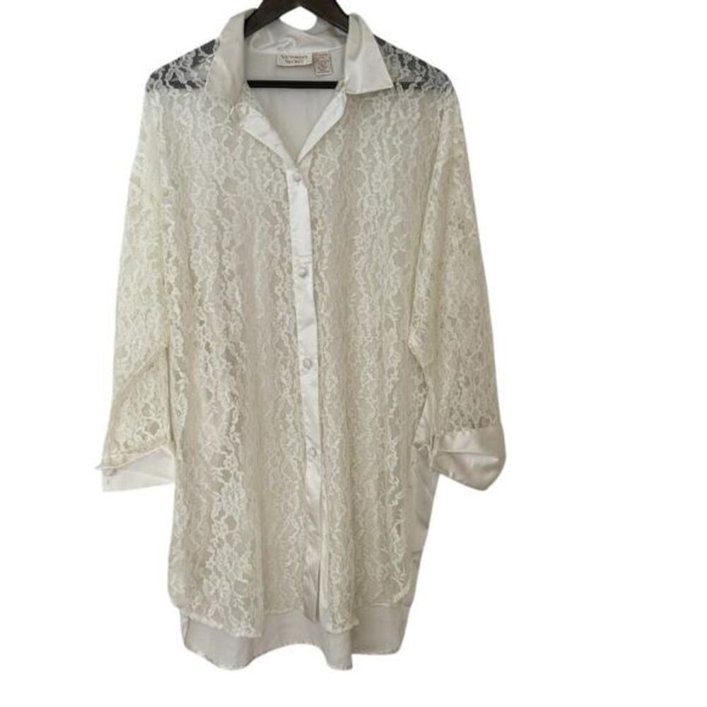 Victoria's Secret Vintage Gold Label Cream Lace Button Down‎ Sleep Night Shirt M
